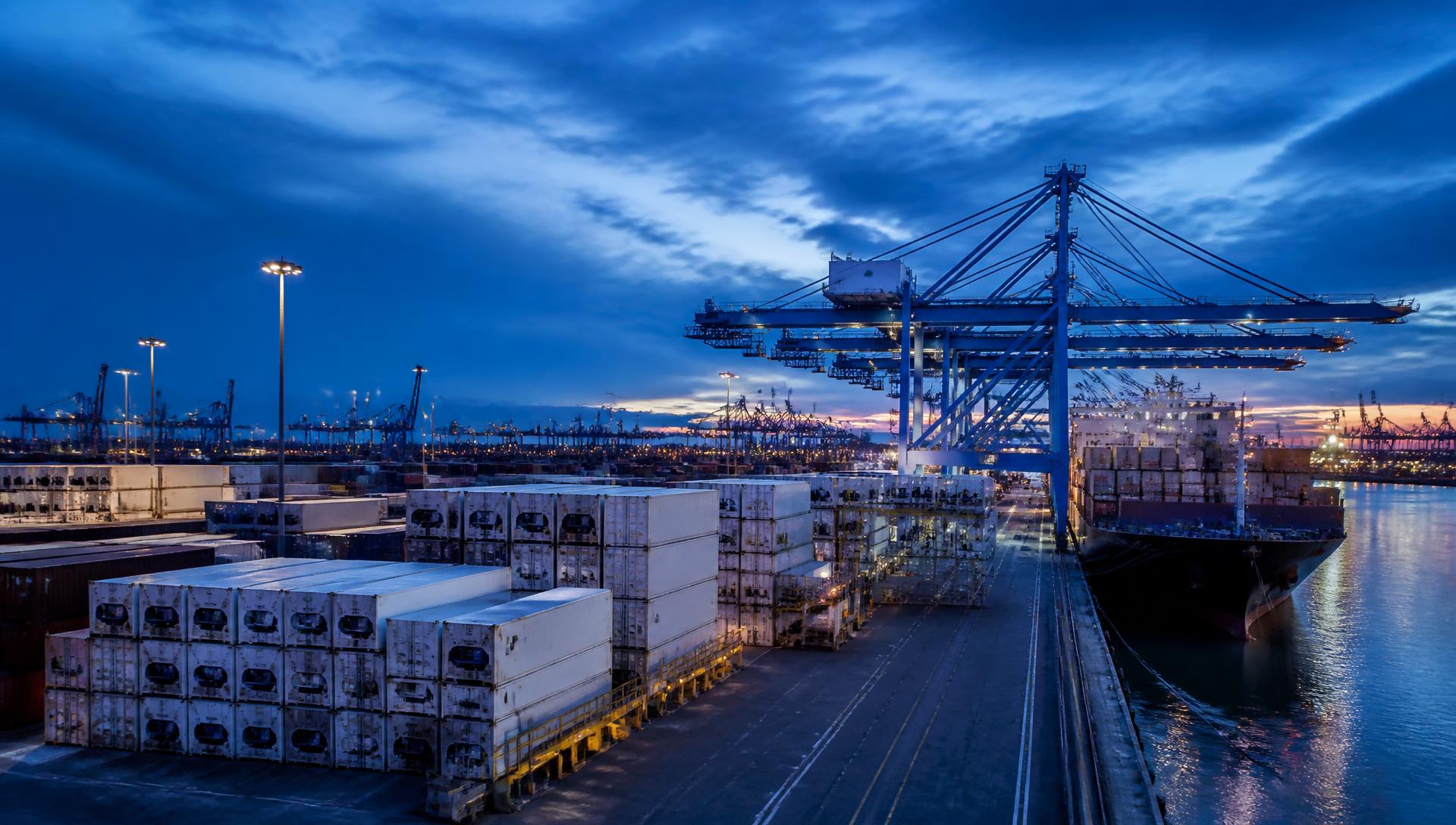 Container port at dusk